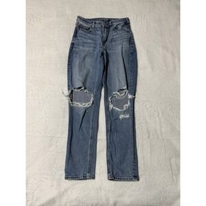 American Eagle Mom Jeans Womens 4 Reg Medium Wash Blue Distressed Stretch 27x28